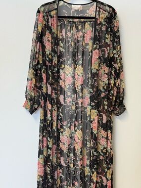 Vintage Y2K La Vie En Rose Sheer Long Kimono Robe - Floral Romantic Girly